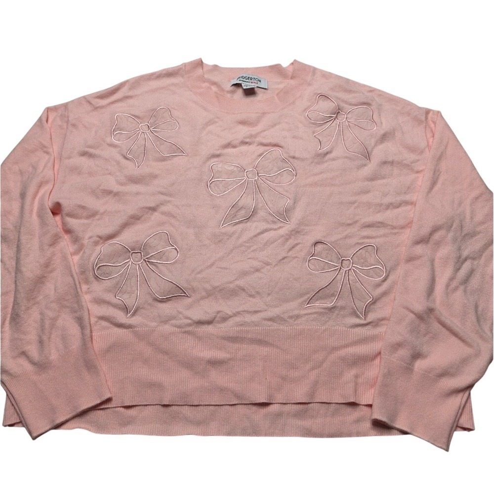 Bridgerton Netflix Shondaland Pink Bow Embroidered Sweater Large BRIR004A